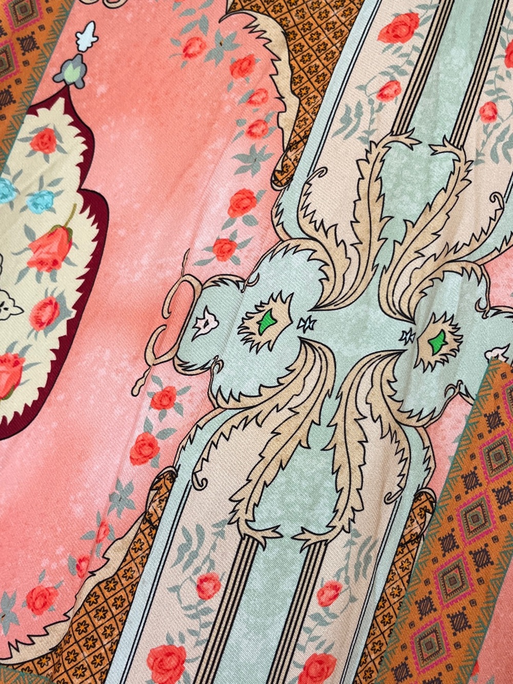 Floral Paisley Print Silk Scarf in Coral & Mint
